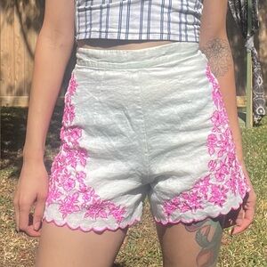 Sage Green +Pink Flower Embroidered Cotton Shorts By Karina Grimaldi XS